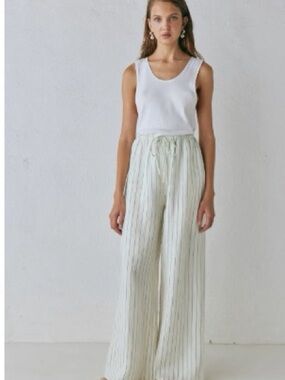 Striped Wide-Leg Drawstring Pants in White and Light Gray